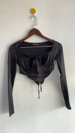 Black Satin Tie-Front Long Sleeve Corset Crop Top