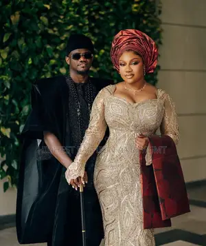 Luxury Contoured Gold Beaded Bridal Gown With Wine Aso-Oke Gele Set