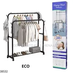 Double Pole Rolling Garment Rack With Shelf Wheels 35kg