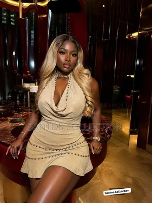 Studded Backless Halter Mini Dress - Beige