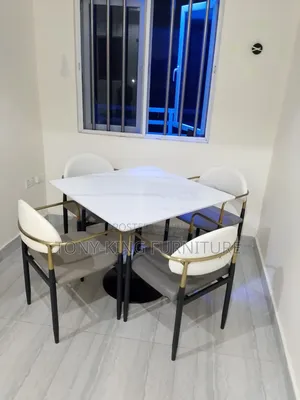 Modern 4-Seater Dining Table Set Furniture a Square With Marble Top.