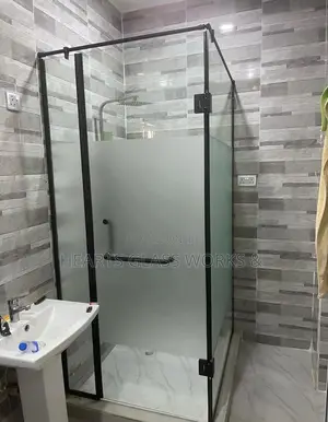 Frameless Shower Door With Fixed Glass Panel With Black Hardwares