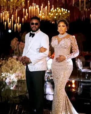 Luxury Illusion Long-Sleeve Silver Beaded Reception Gown