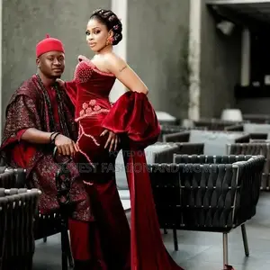 Metallic Bronze-Gold Crystal Gown Deep Wine Textured Agbada Set