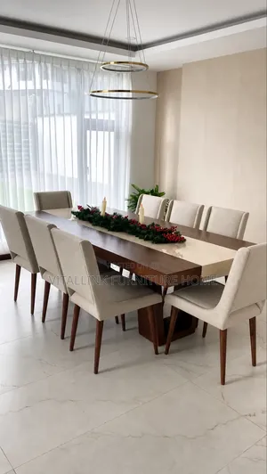 Premium 8-Seater Dining Set – Rich Wood Table Beige Fabric Chairs