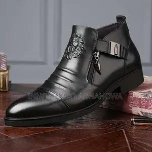 Luxury Men's Black Leather Ankle Boots - Lion Embossed Side-Zip Shoes.