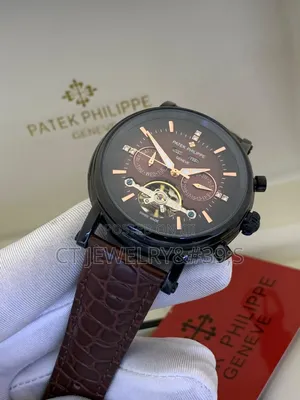 Patek Philippe Geneve Wristwatch Black Genuine Brown Leather Strap