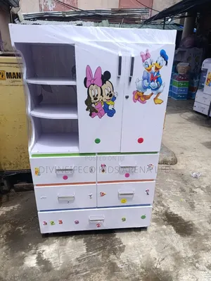 Kids Wooden Wardrobe Cabinet With Drawers Shelves – Cartoon Design