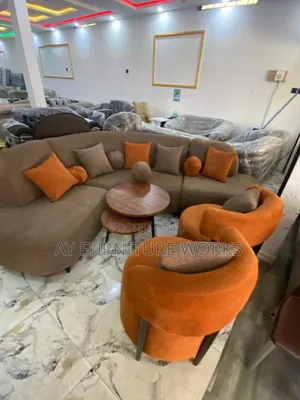 Elegant Brown Corner Sofa Set With Orange Accent Chairs