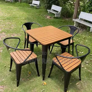 Outdoor Wooden Set of Chairs and Table With Iron Leg