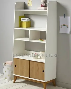 White and Brown Bookshelf With Sliding Doors