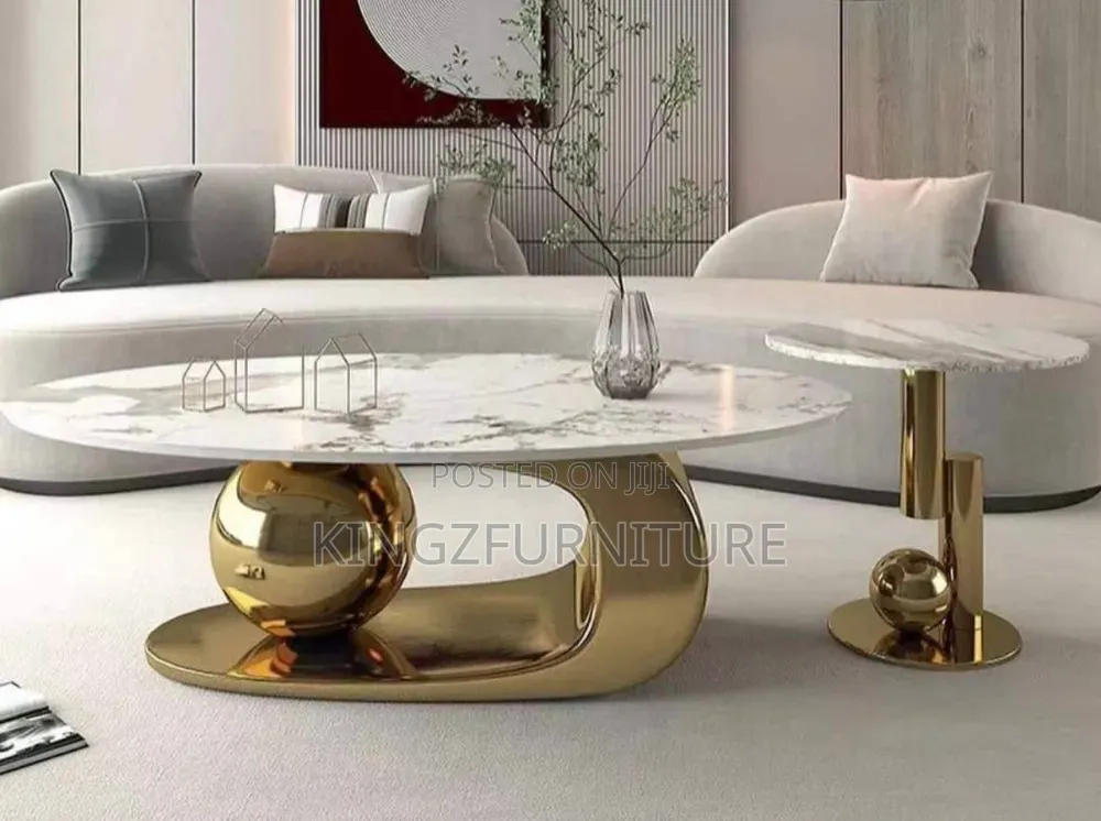 Marble Solid Center Table With a Gold Base and Side Stool