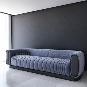 Luxury Grey Velvet Sofa With Black Armrest Panels Base