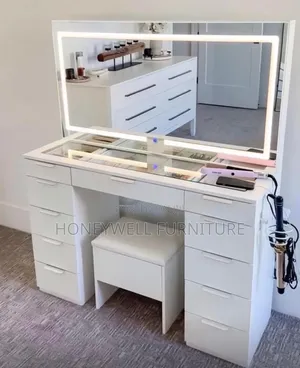Dressing Table With Eleven Drawers With Warmth White Rope Lights.