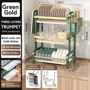 3-Tier Dish Drying Rack With Drain Tray Utensil Holder – Black/Gold