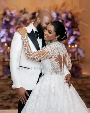 Regal Arabesque Lace Ballgown Premium Ivory Peak-Lapel Tuxedo Set
