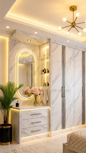 Luxury Marble Wardrobe Vanity Set With Led Mirror Shelves