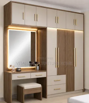 Modern Wood Cream Wardrobe With Vanity Led Backlit Mirror
