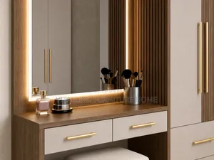 Modern Wood Cream Wardrobe With Vanity Led Backlit Mirror