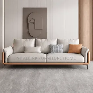 Luxury Light Grey 3-Seater Sofa With Warm Wood Trim