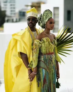 Tree-Vein Beaded Chartreuse Gown Canary Yellow Imperial Agbada