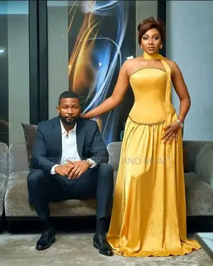 Yellow Silk Gown With Scarf Neckline Charcoal Black Two-Piece Suit