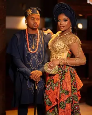 Navy-Blue Agbada Gold-Embellished Ankara Bridal Set