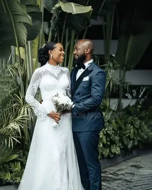 High-Neck Lace Bridal Gown Classic Navy Tuxedo