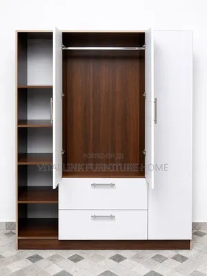 Modern 3-Door Wardrobe With Side Open Shelves Drawers