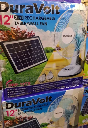 Duravolt 12" 3in1 Rechargeable Fan - Table/Wall + Solar + 2 Led Bulbs