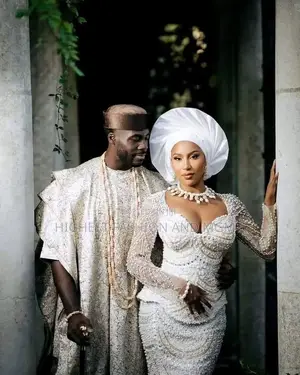 White-Gold Embellished Bridal Gown Metallic-Textured Agbada