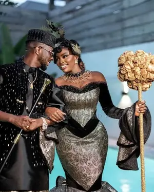 Black Velvet Gold Statement Bridal Gown and Men's Ensemble