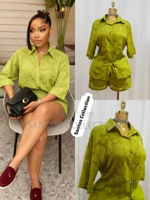 Lime Green 2 Piece Jacquard Shirt Shorts Set