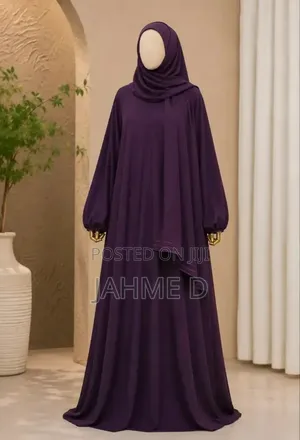 Elegant Dark Purple Modest Maxi Dress With Attached Scarf