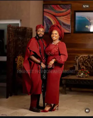 Maroon Embroidered Bridal Gown Matching Men’S Agbada