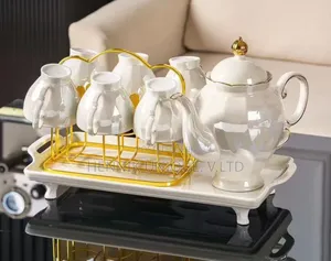 Turkish Hotel Teapot,6tracups Gold-Plated Hang and Tray Breakfast Set