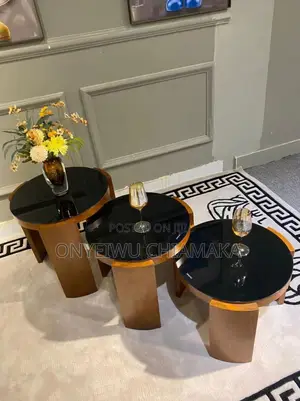 Modern 3-Piece Center Table Set – Walnut Wood Black Glass
