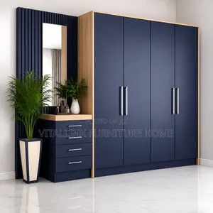Luxury Navy Blue Wardrobe With Vanity Desk Fluted Wall Panel