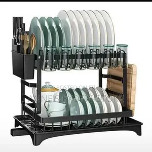 2-tier Metal Dish Drying Rack With Drain Tray Cutlery Holder