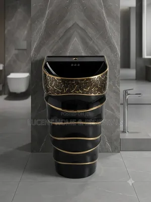 Premium Gold Geometric Pattern Ceramic Pedestal Wash Hand Basin