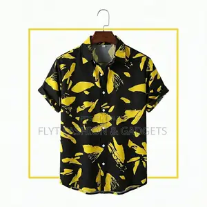Men's Vintage Abstract Print Short Sleeve Shirt - Black Yellow