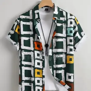 Men's Fashion Print Short Sleeve Shirt - Green White Casual Button