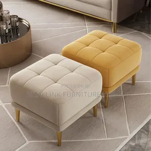 Luxury Velvet Square Ottoman With Gold Legs – Cream/Mustard