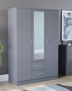 3-Door Grey Wardrobe With Full-Length Mirror 2 Drawers