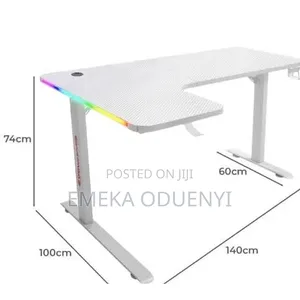 Non Adjustable Gaming Desk With Led Light L Shaped White 1.4mtr