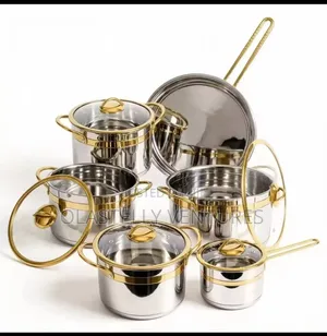11-Piece Stainless Steel Cookware Set With Gold Accents . T