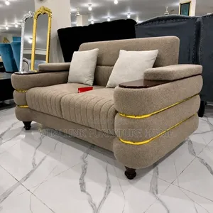 Beige Textured 2-Seater Sofa With Gold Trim Wooden Armrests