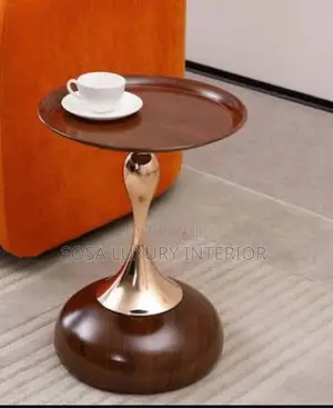 Modern Round Wood Side Table With Gold Accents