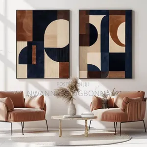 Modern Minimalist, Brown Beige Navy Tones Geometric Abstract
