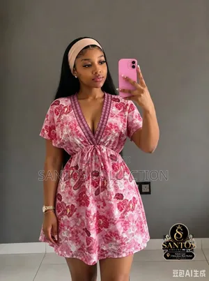 Pink Floral v - Neck Mini Dress - Short Sleeves Tie Waist